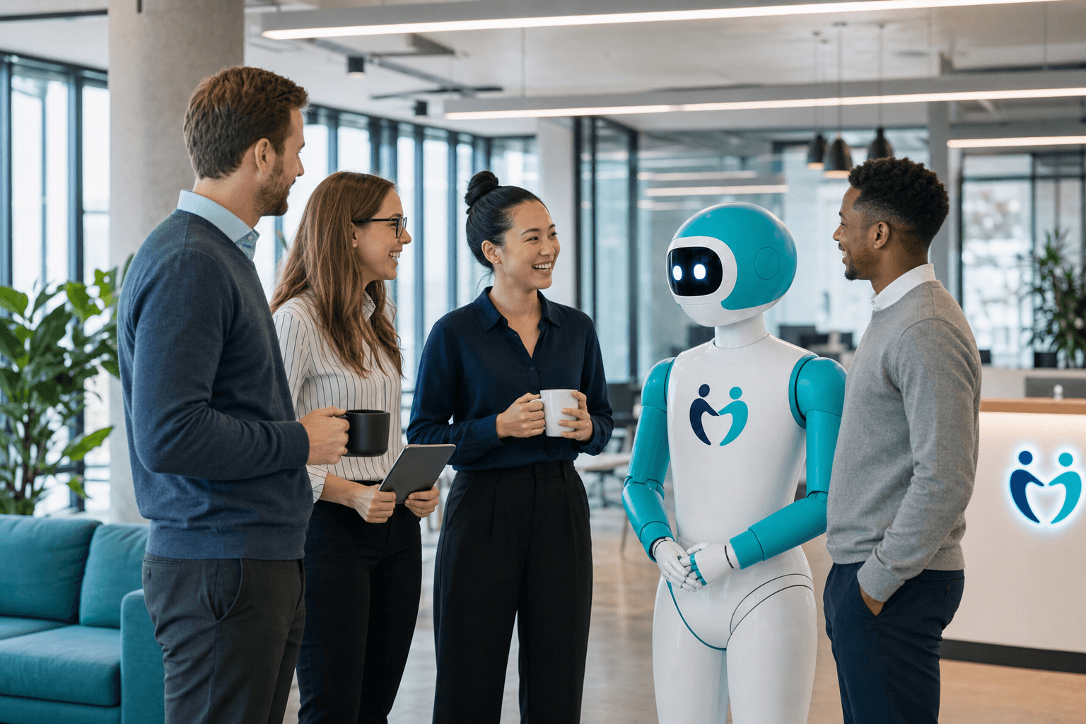 The Hybrion mascot welcoming a team of professionals in a modern office