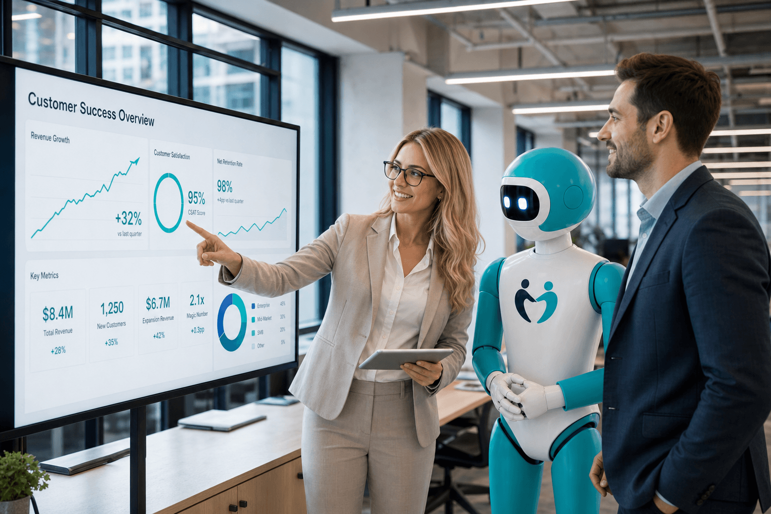 The Hybrion mascot with professionals reviewing growth dashboards