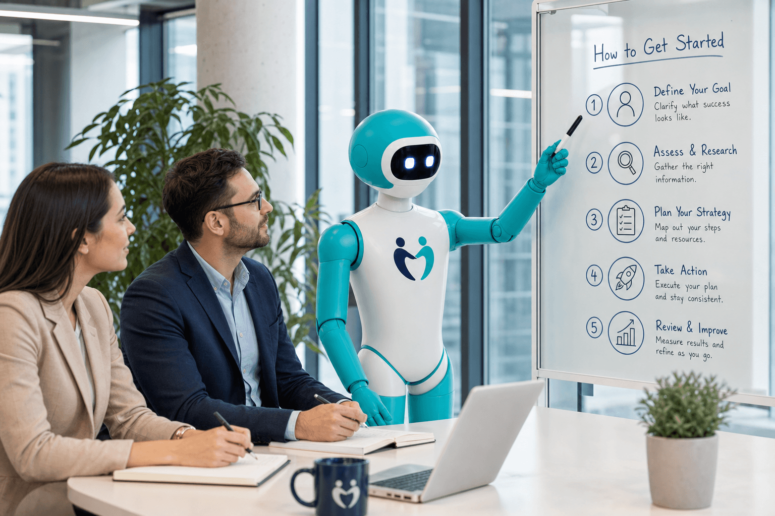 The Hybrion mascot guiding professionals through a step-by-step diagram