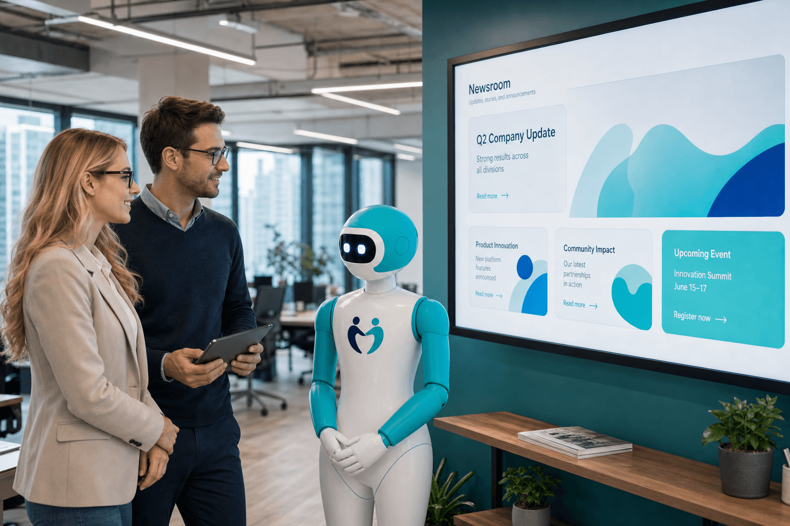 The Hybrion mascot in a modern newsroom beside a screen of announcements